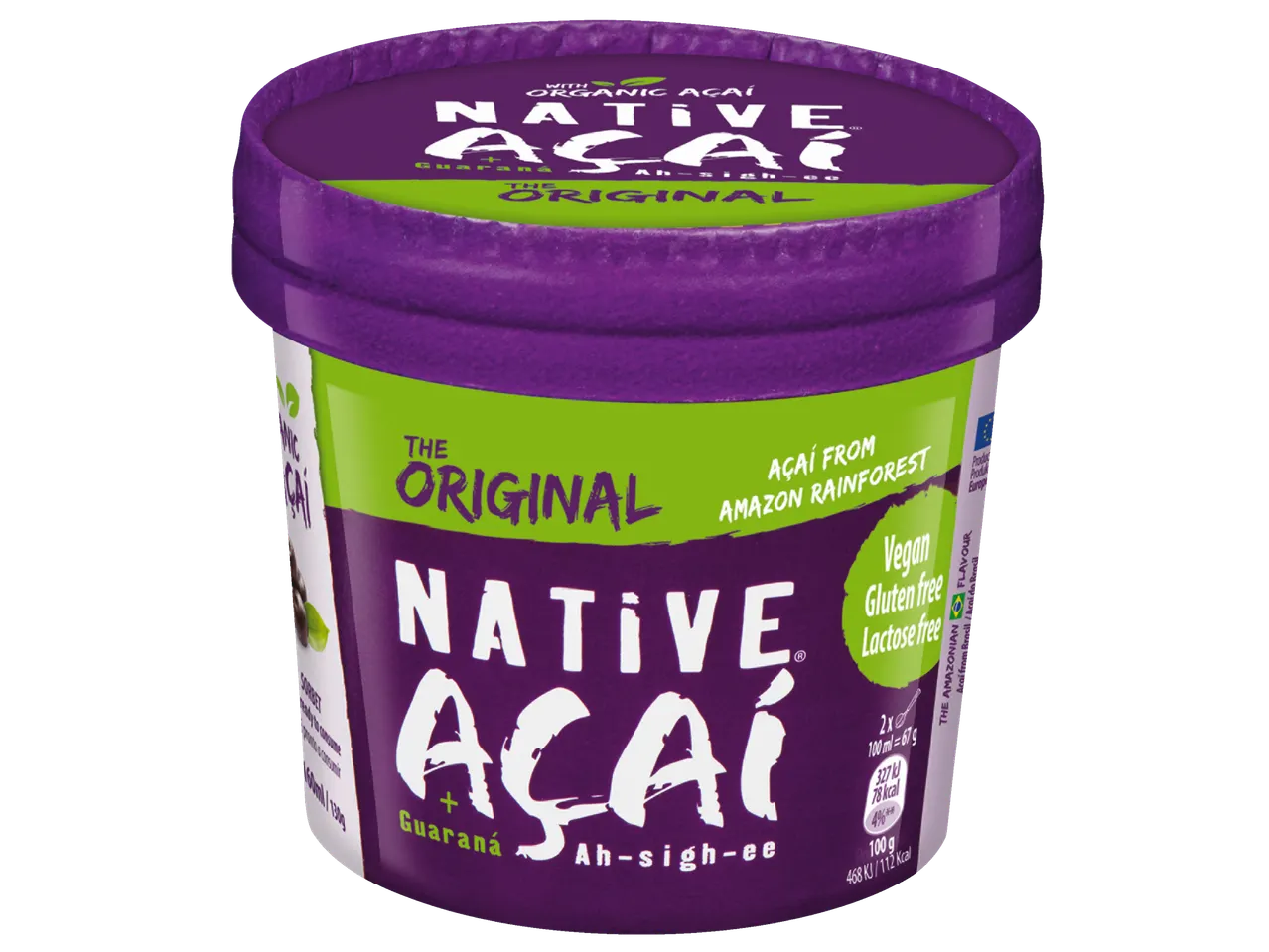 Native Acai originele açaí sorbet met guarana; vegan, glutenvrij en lactosevrij.