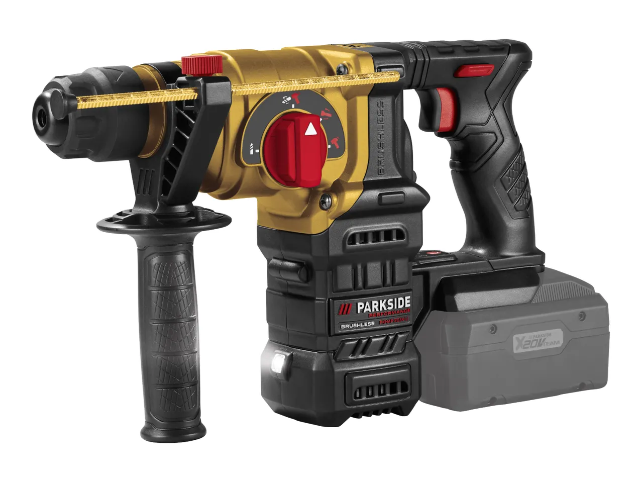 Cordless rotary hammer drill with a gold and black body, red accents, and an attached battery.