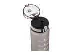 A gray water bottle with a black lid and time markers for hydration tracking.