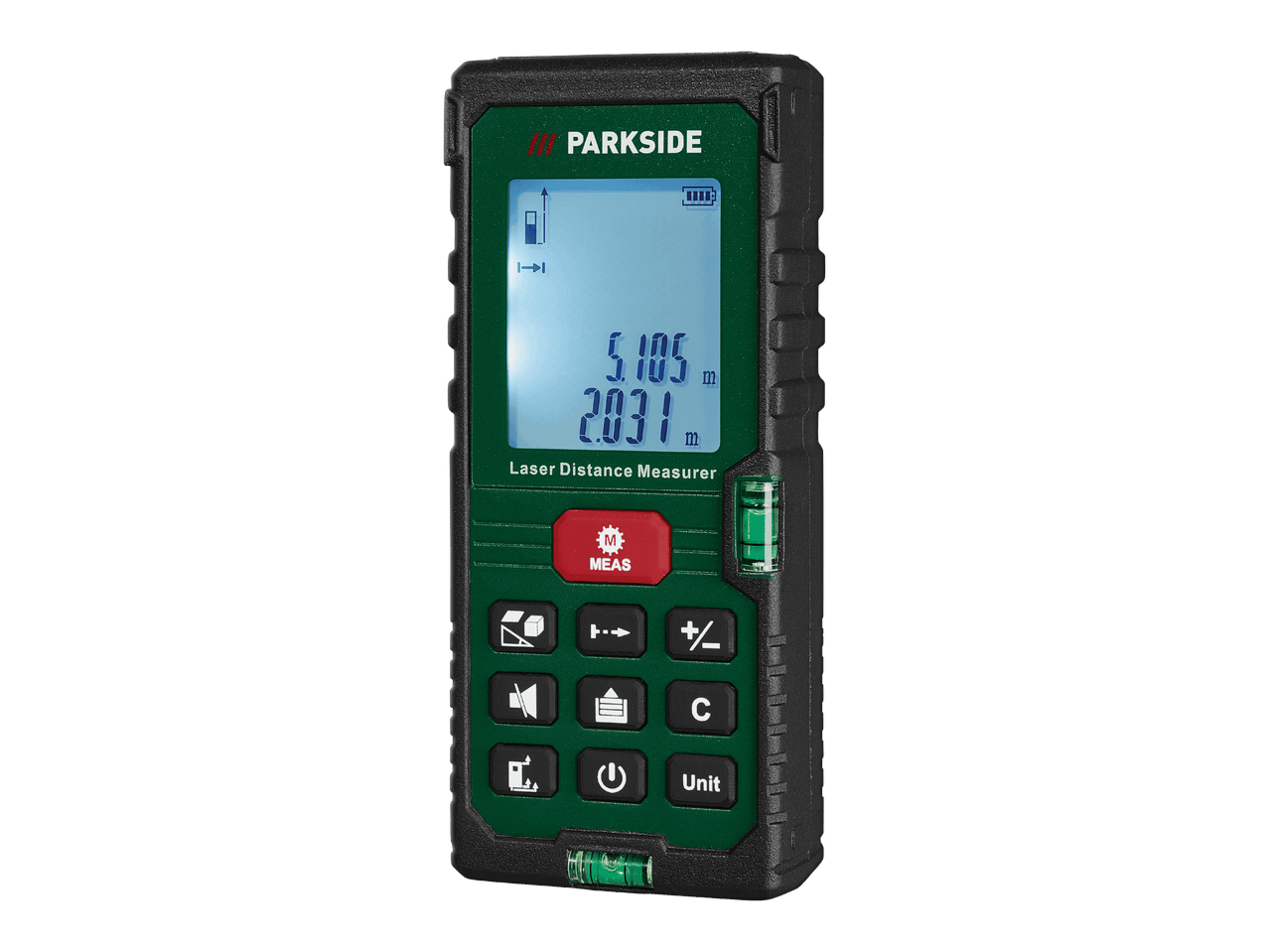 Parkside-lasermittari, jossa on digitaalinen näyttö ja painikkeet.