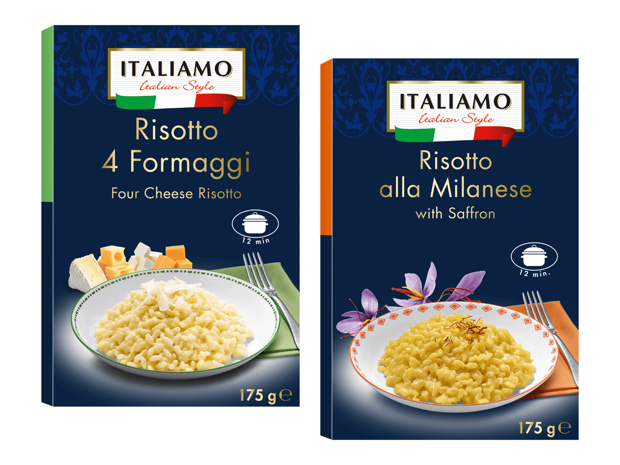 Kaksi pakkausta italialaista risottoa: neljän juuston risotto ja sahramirisotto.