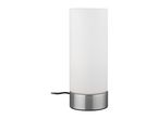 Cylindrical table lamp with a white frosted glass shade and a brushed metal base.