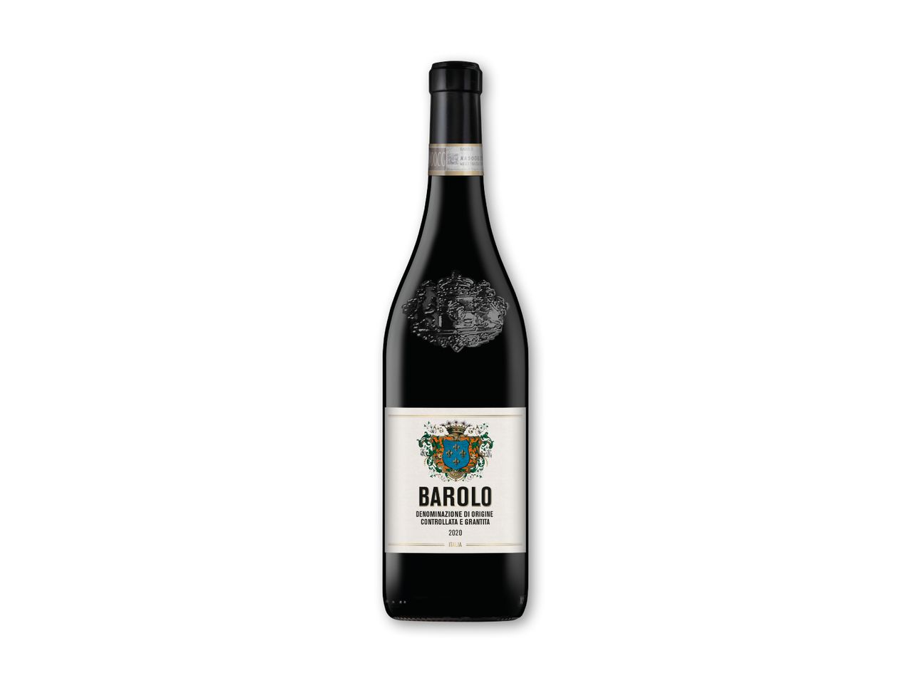 En flaske rødvin med en hvid etiket, der viser et våbenskjold og teksten 'BAROLO 2020'.