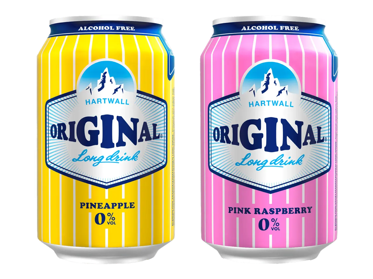 Kaksi alkoholitonta long drink -tölkkiä: toinen ananaksenmakuinen ja toinen vadelmanmakuinen.