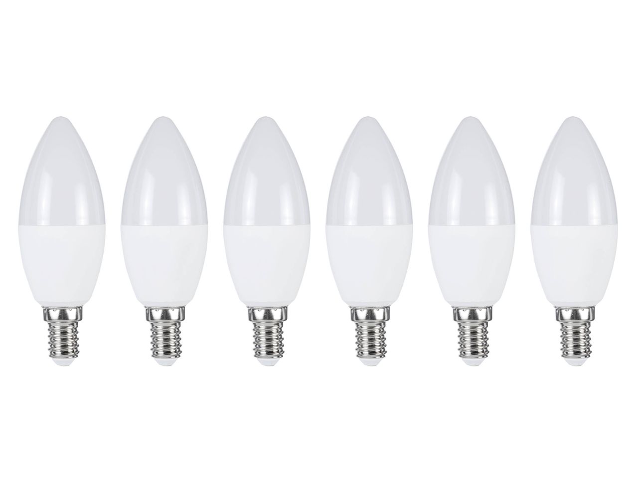 Six white LED light bulbs with screw bases in a row.