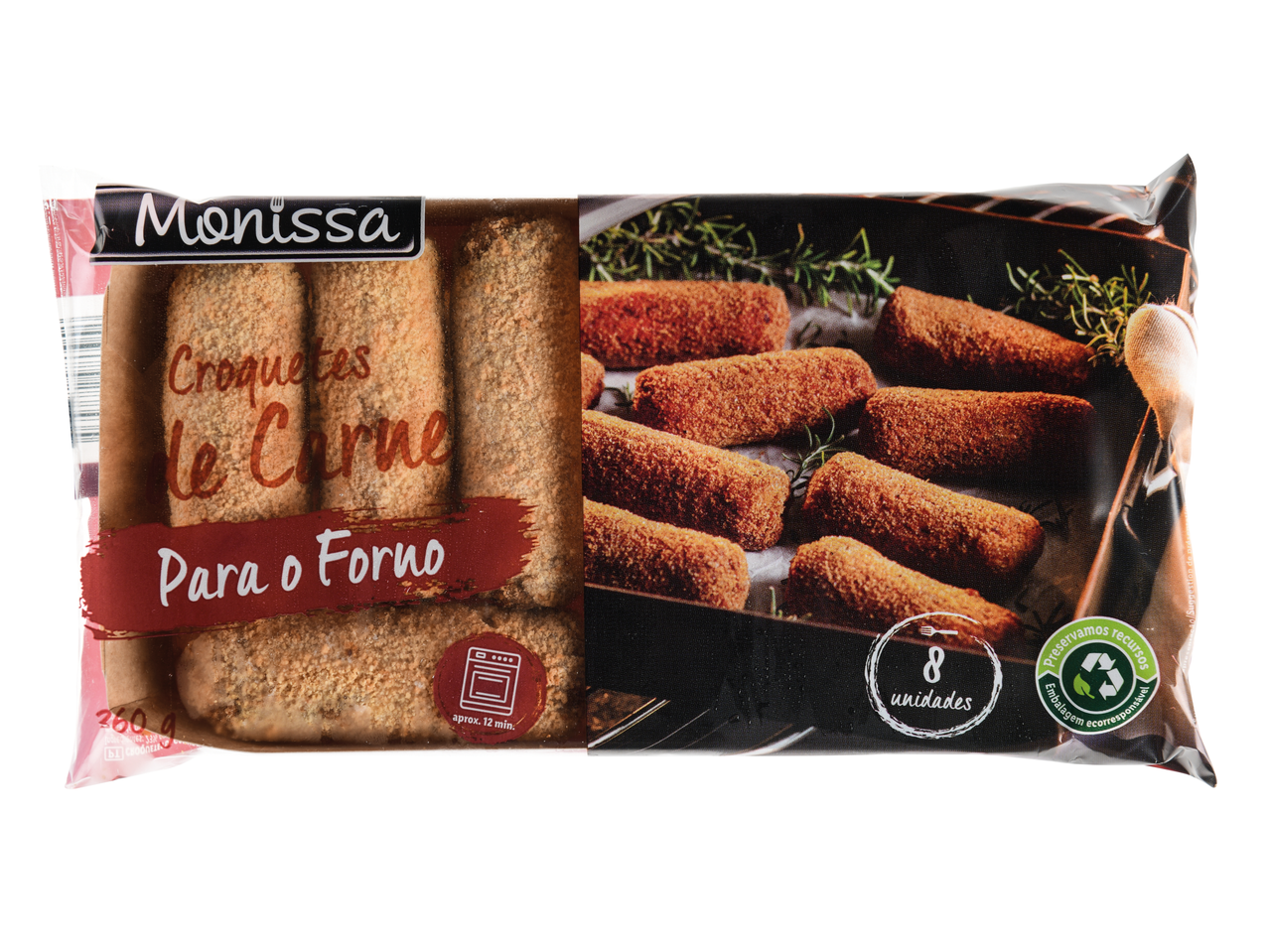 Croquetes de carne pré-fritos Monissa para forno, 8 unidades, 360g.