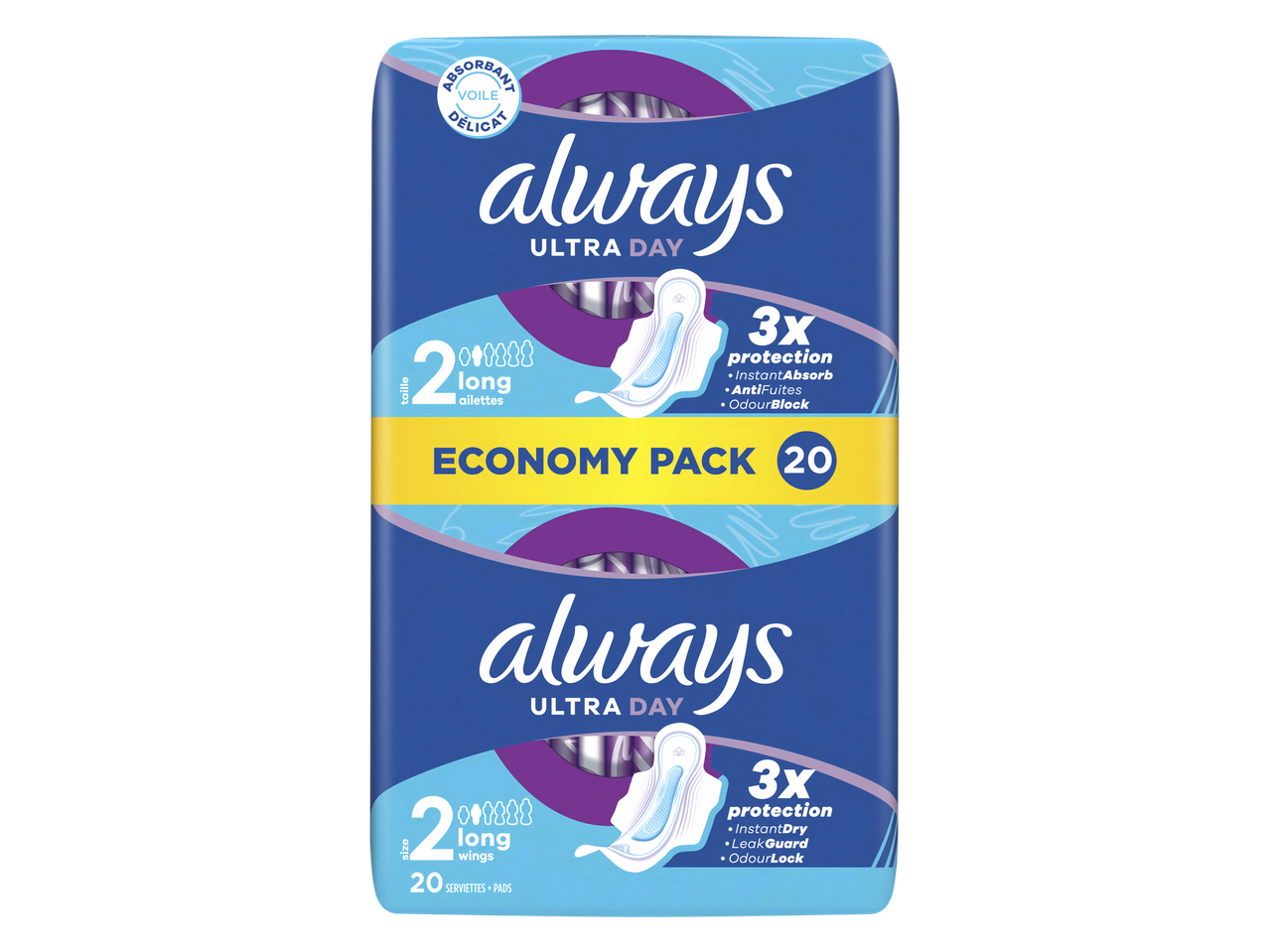 Paquet économique de 20 serviettes hygiéniques ultra fines, taille 2 longues avec ailettes, offrant 3x protection.