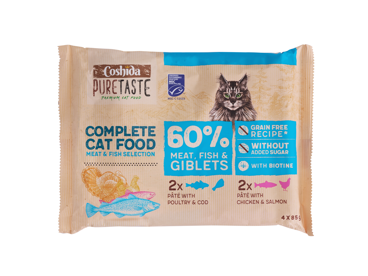 Coshida Pure Taste pate pentru pisici cu 60% carne, pește și măruntaie, fără cereale, cu biotină.