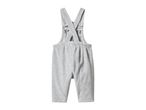 Grey baby dungarees with crossed straps and embroidered text on the back.
