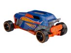 A Hot Wheels toy car, blue and orange, is shown against a white background.