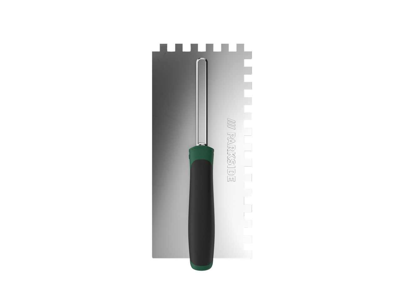 A Parkside notched trowel with a black and green handle.