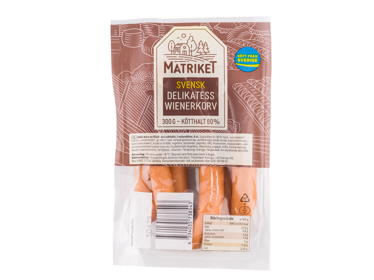 Förpackning med Matriket Svensk Delikatess Wienerkorv.