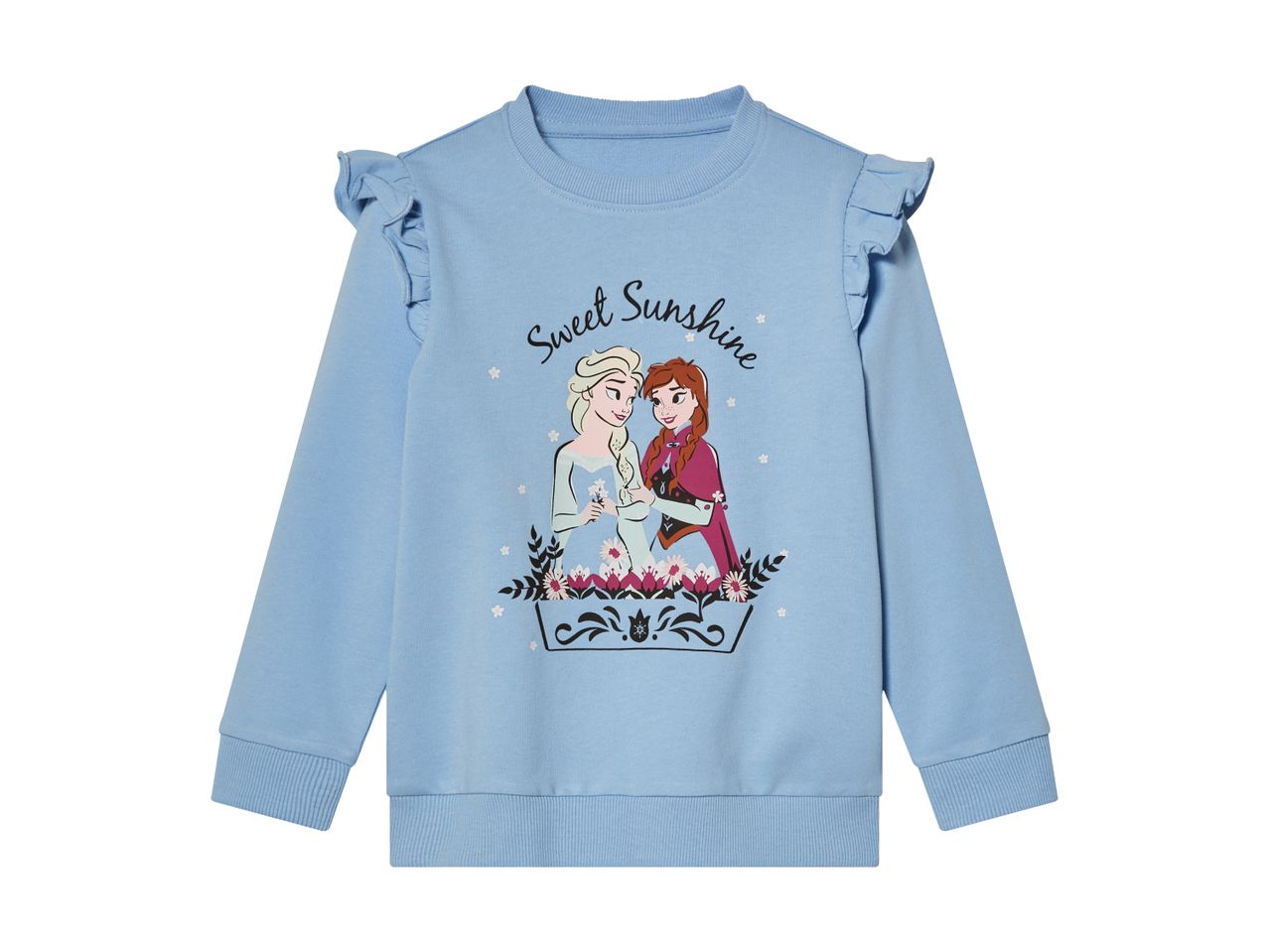 Light blue Frozen sweatshirt with ruffle sleeves featuring Anna and Elsa.