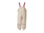 Cream-colored children's rain dungarees with pink floral print and reflective stripes.