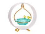 A decorative bird bath ornament with two birds, hanging from a circular stand.