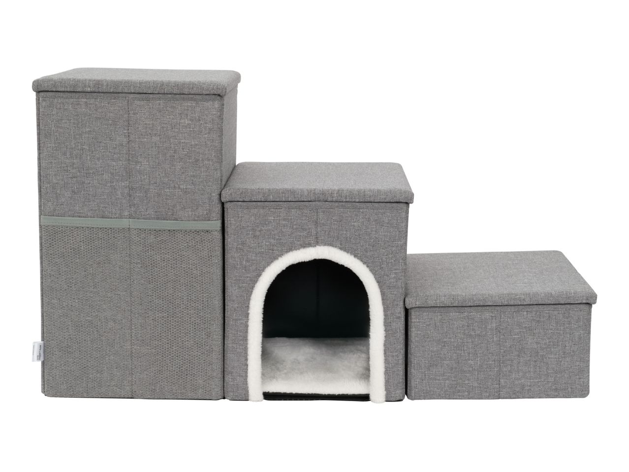 Three-step grey fabric pet stairs with a built-in cat cave