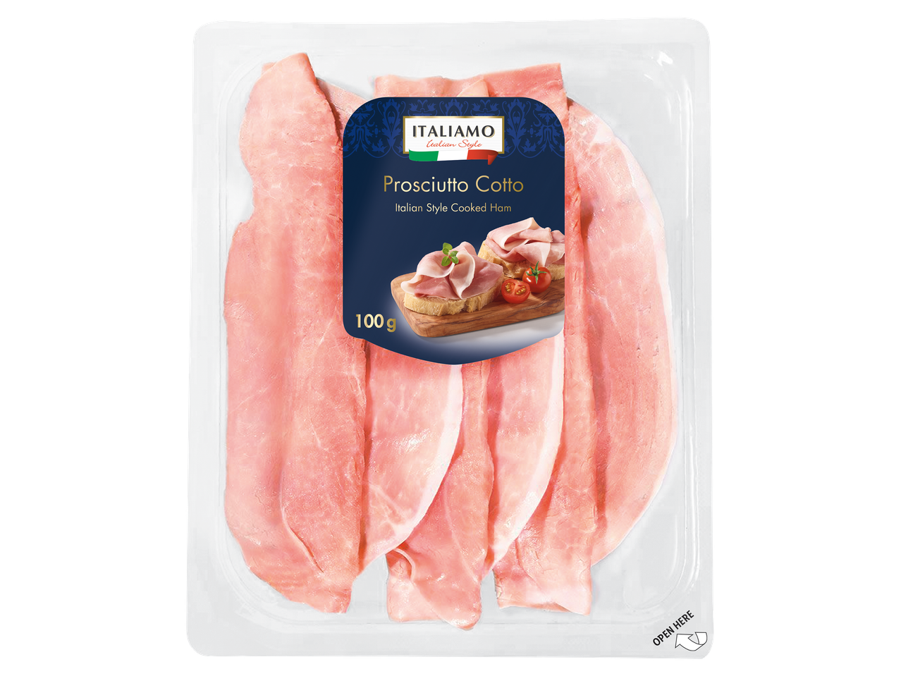 Szeletelt olasz főtt sonka 100 g-os kiszerelésben.