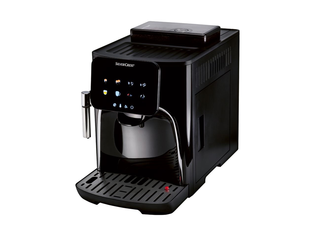 Black SilverCrest automatic coffee machine with a digital display.