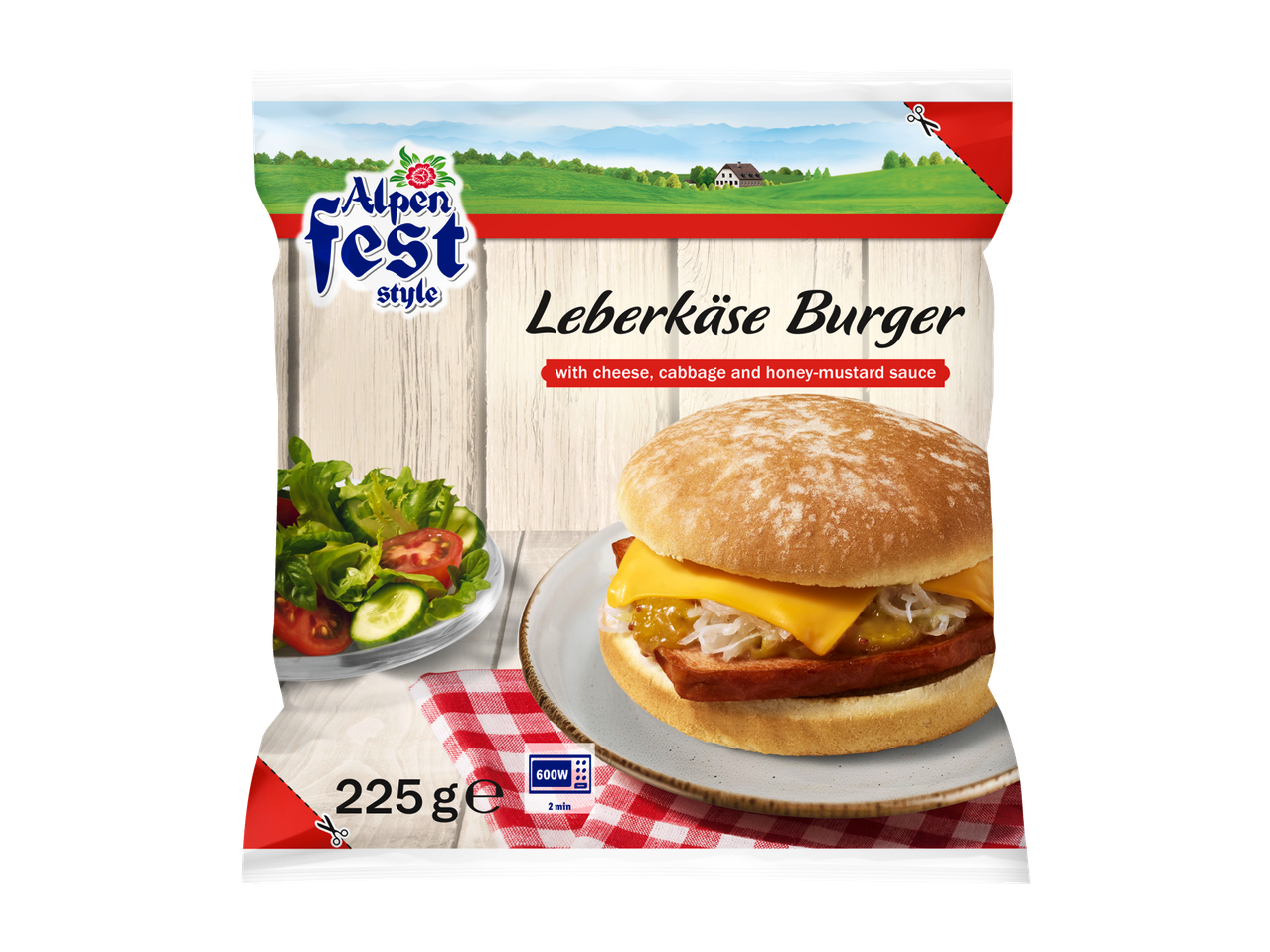 Alpenfest Leberkäse Burger met kaas, kool en honing-mosterdsaus