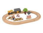 Wooden toy train set with construction theme, including a train, tracks, and accessories.