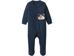 Lupilu baby sleepsuit in navy blue with a bear and bunny reading on a cloud.