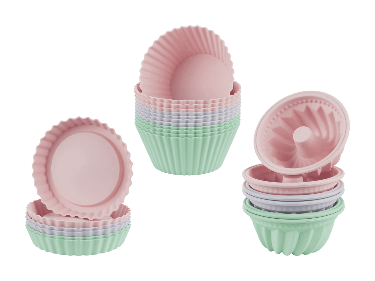 Tre pile di stampi da forno in silicone rosa, viola e verde.