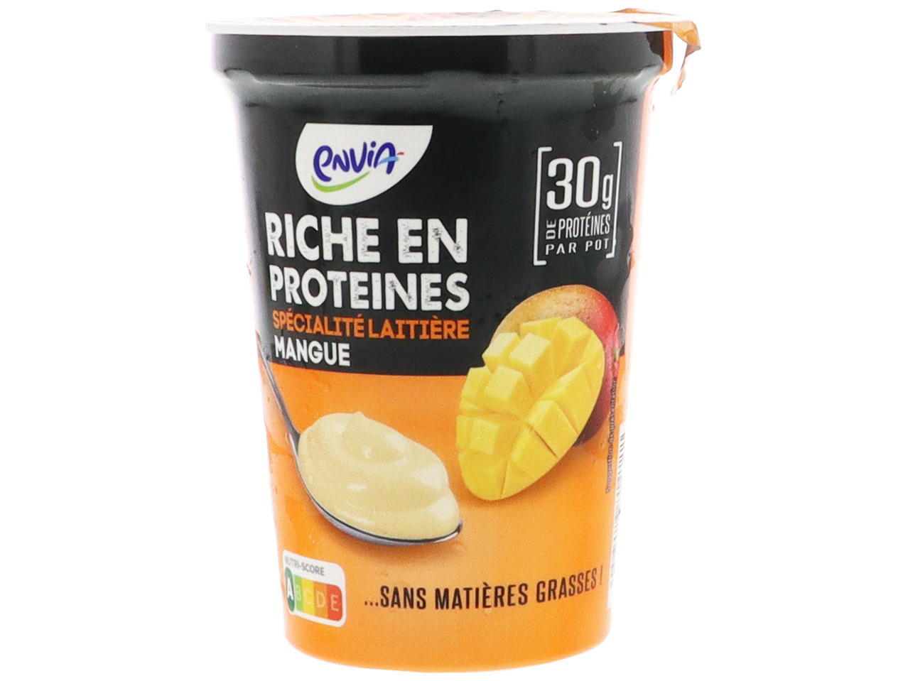 Pot de spécialité laitière riche en protéines à la mangue, 30g de protéines par pot, sans matières grasses.