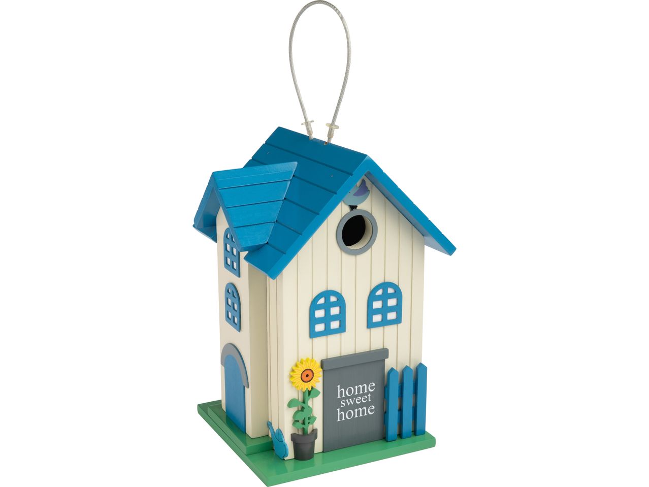 Decorative birdhouse in the shape of a house with a blue roof and 'home sweet home' text