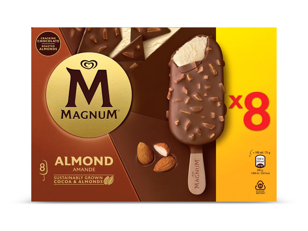 Doos met 8 amandelijsjes met een laag krakende chocolade en geroosterde amandelen.