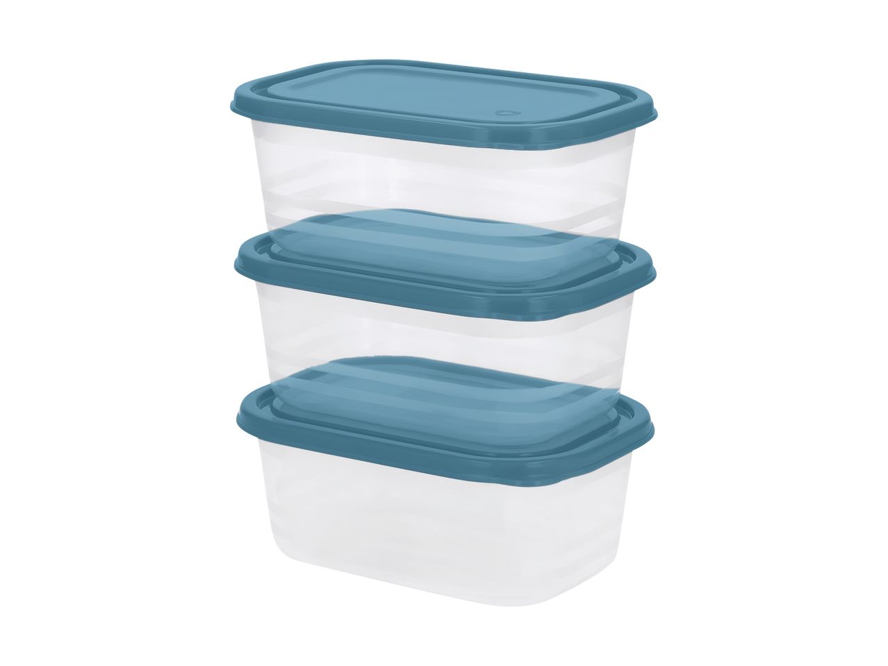 Three clear rectangular food storage containers with blue lids, stacked vertically.