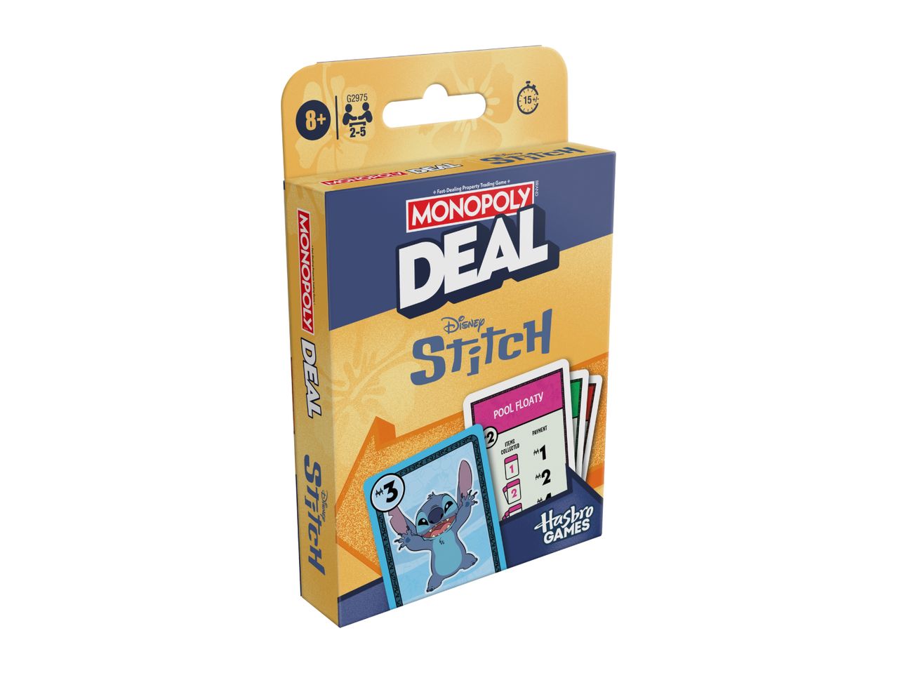 Monopoly Deal card game featuring Disney's Stitch, showing game cards and box details.