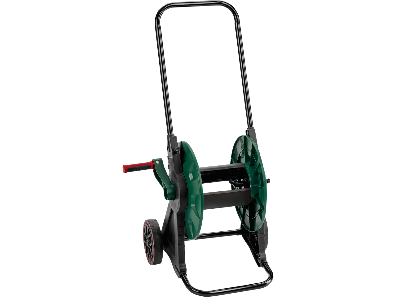 Parkside® Hose Reel with a green reel, black frame, and red handle on a black background.