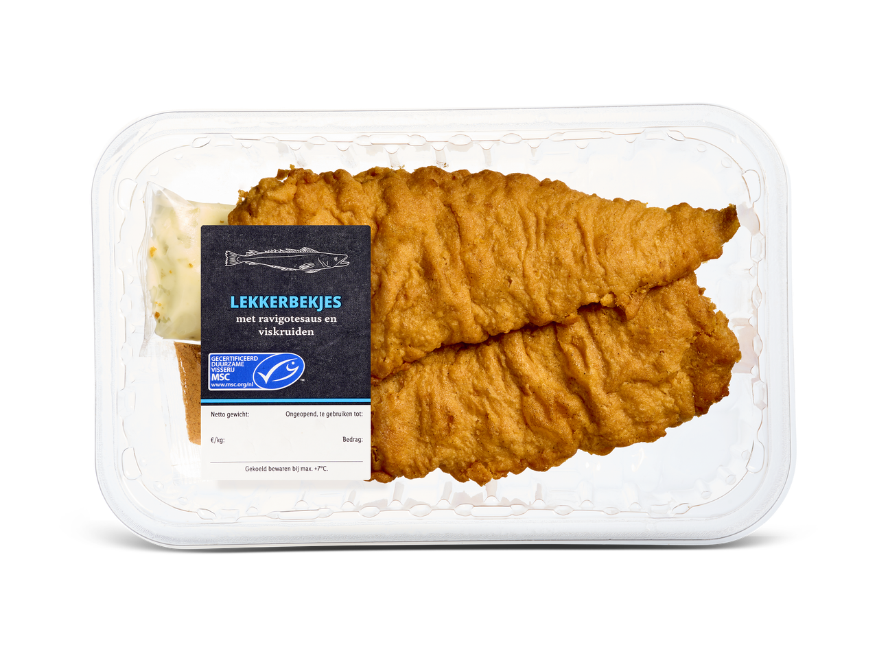 Lekkerbekjes met ravigotesaus en viskruiden in een plastic verpakking.