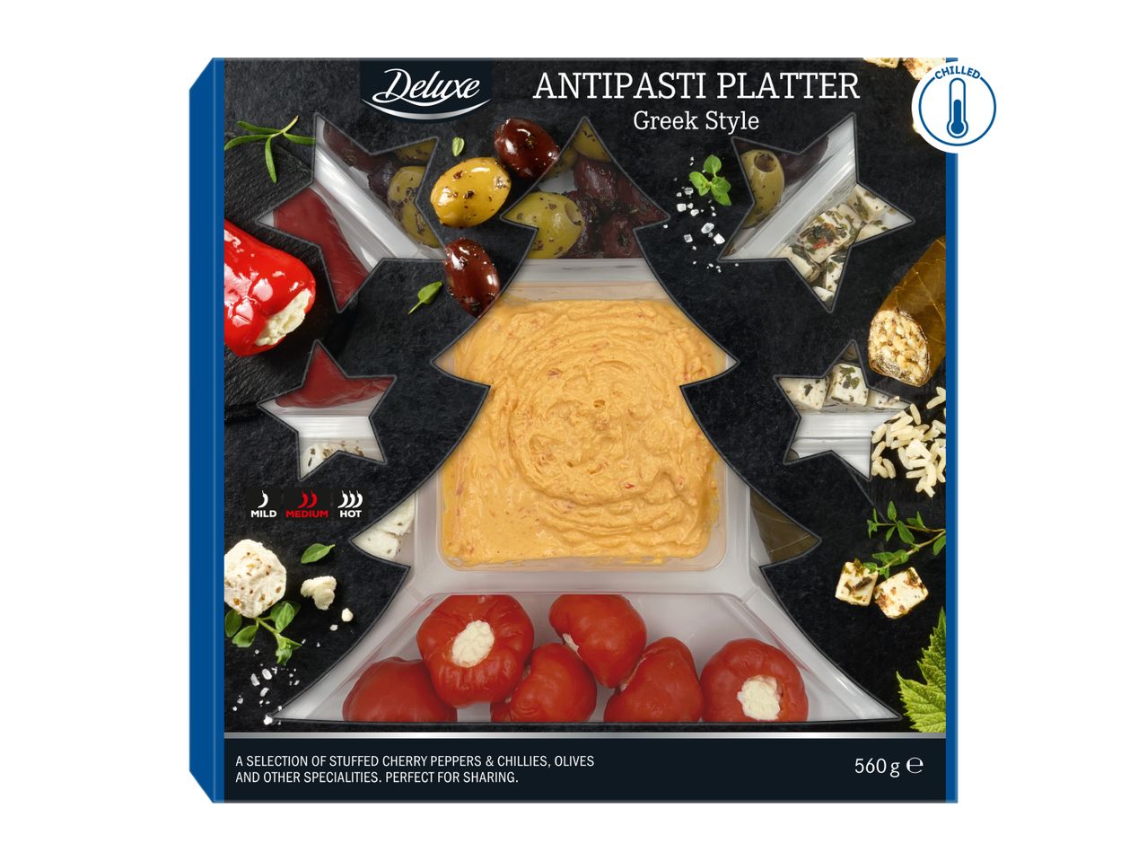 Deluxe Greek Style Antipasti Platter with stuffed peppers, olives, and dips, 560g.
