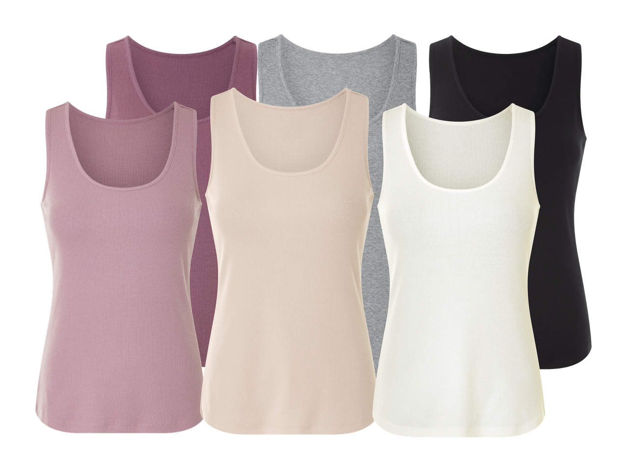 Šest ženskih majic brez rokavov v rožnati, vijolični, bež, sivi, beli in črni barvi.