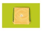 Yellow drawstring bag with a cute lion face design on a green background.