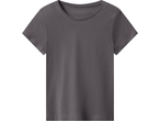 Plain dark grey short-sleeved t-shirt with a round neck.
