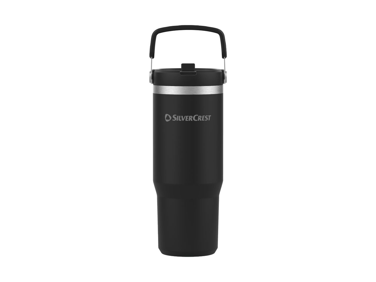 A black SilverCrest travel mug with a handle on a white background.