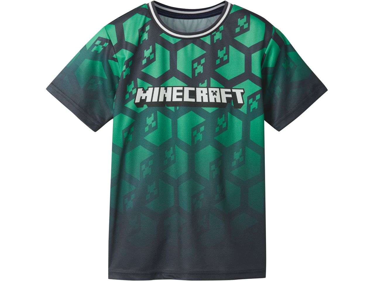 Minecraft-themed boys' green and black short-sleeved t-shirt.