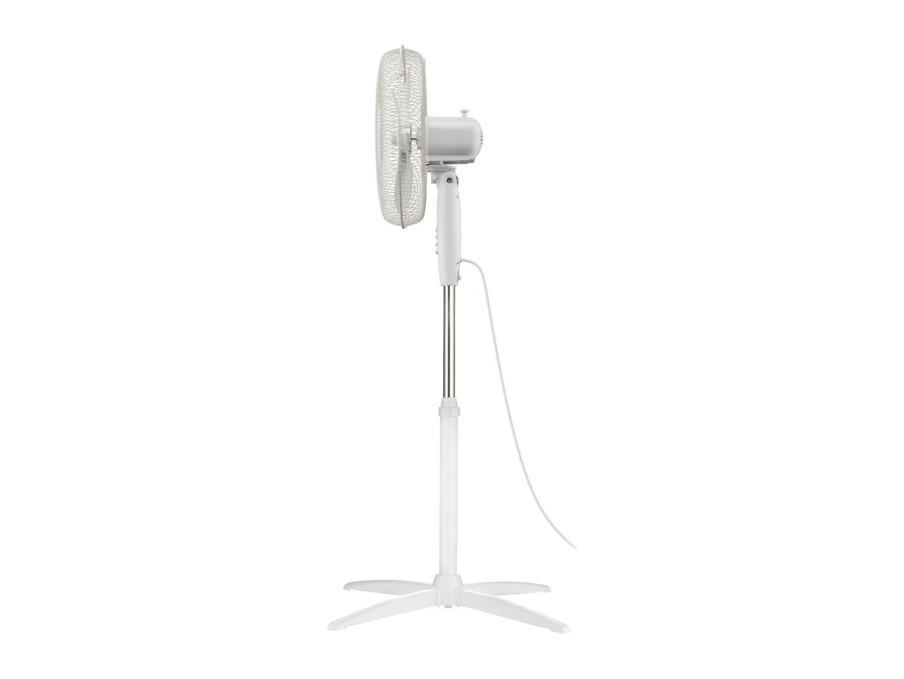 White pedestal fan with a round head and a long stand, viewed from the side.