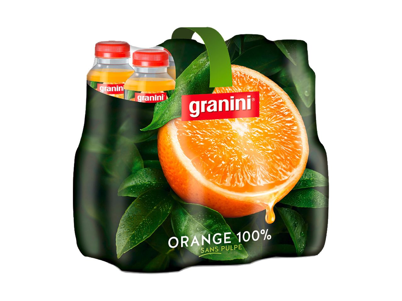 Sechs Flaschen Granini Orangensaft 100%, ohne Fruchtfleisch.