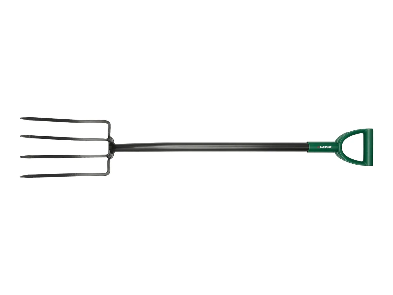 A black garden fork with a green D-handle.