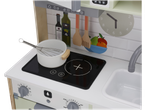 Wooden play kitchen with a white pot, whisk, and bottles of oil and wine.