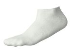 A single white ankle sock, shown from the side, with a ribbed texture.