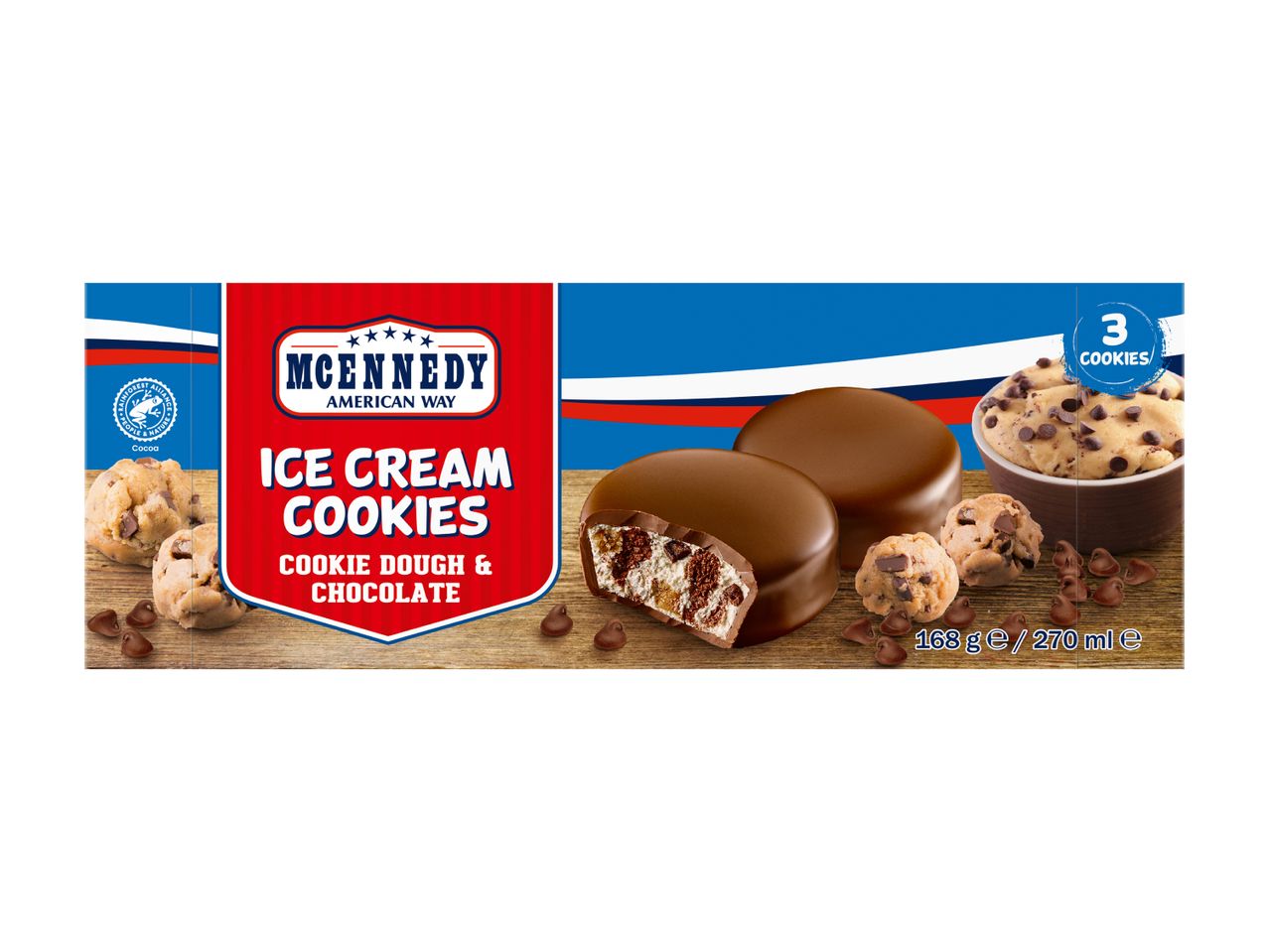 Ice cream cookies with cookie dough and chocolate, 3 cookies per pack.