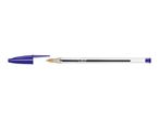 Blue ballpoint pen with its cap removed, showing the tip and ink tube.