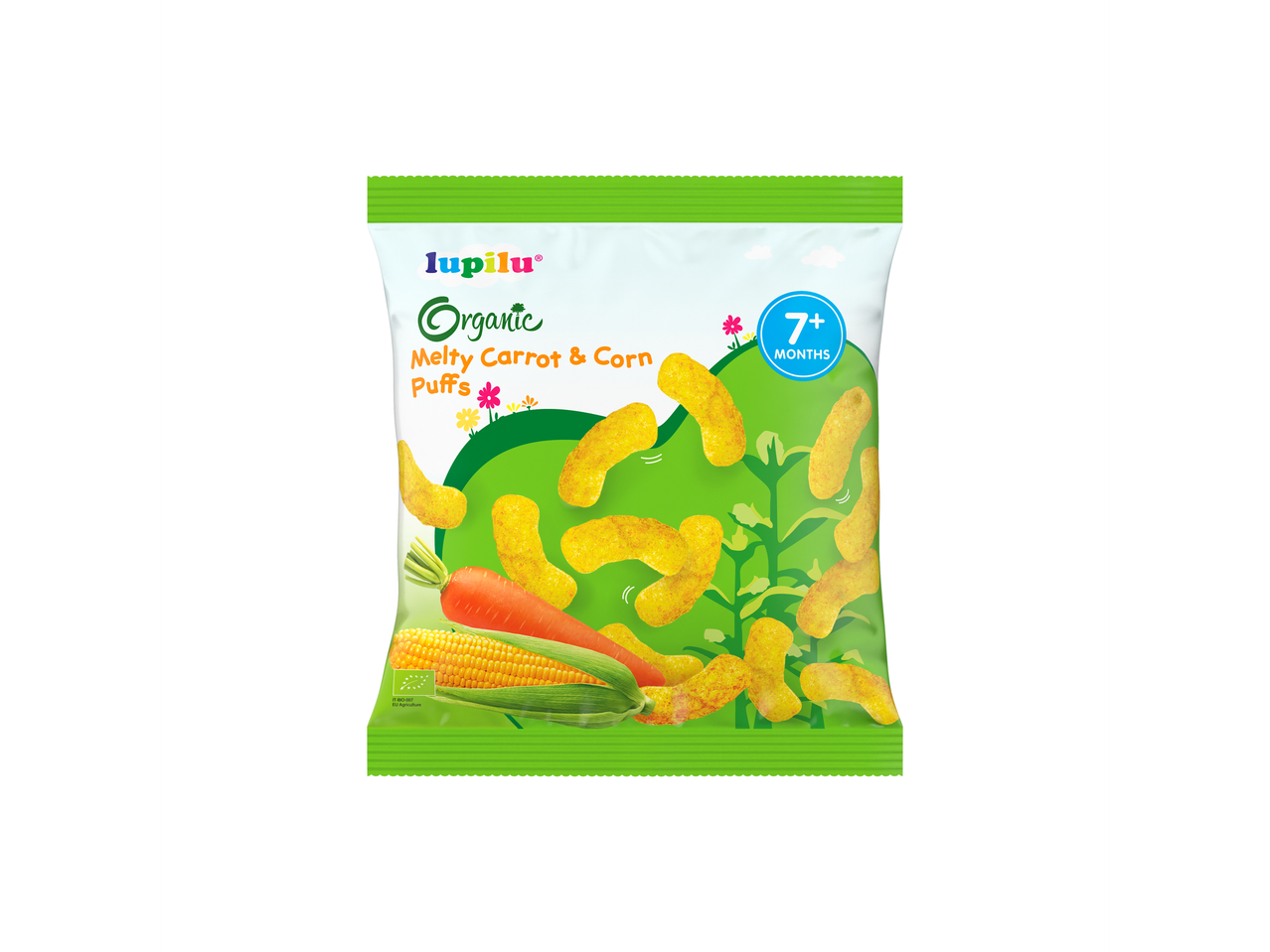 Lupilu Organic Melty Carrot & Corn Puffs snack bag for 7+ months.