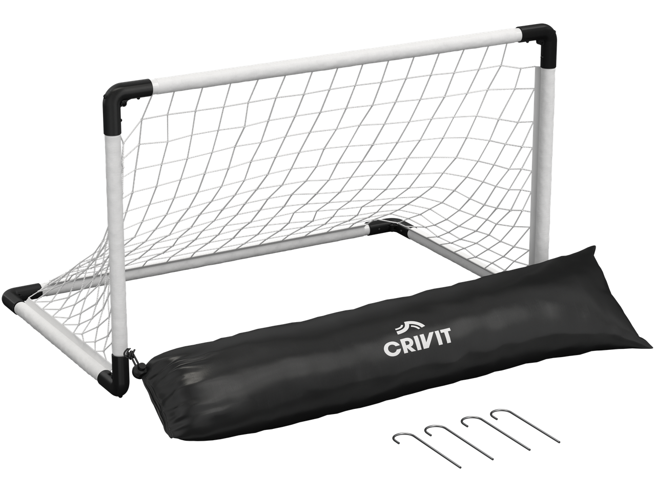 CRIVIT Folding Football Goal with net, black carry bag, and ground anchors.