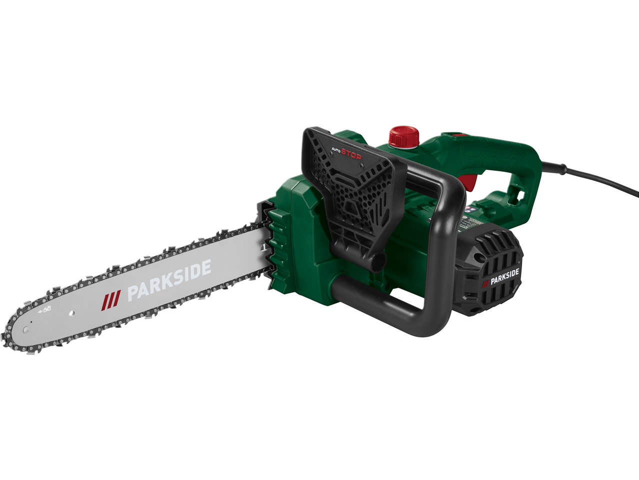 Electric chainsaw with a long silver blade and a green body, featuring an auto-stop function.