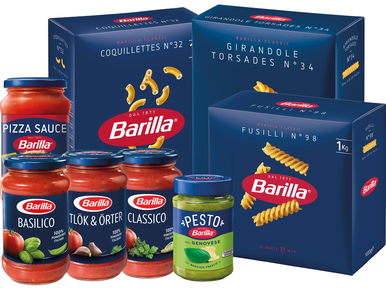 Ett sortiment av pasta, pastasåser och pesto i blå och gröna förpackningar.